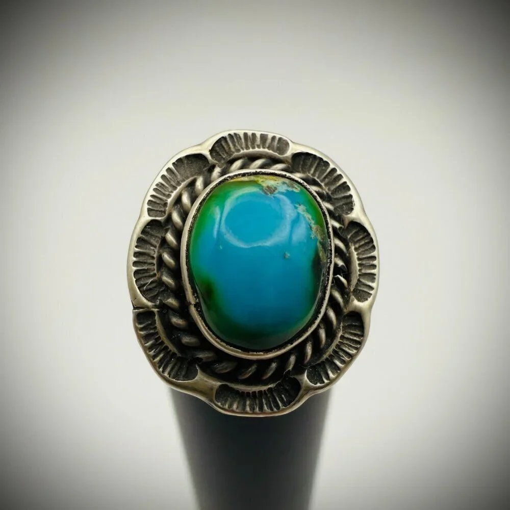 Navajo Sterling Turquoise Ring — Freda Martinez “F” Hallmark, Size 7.5